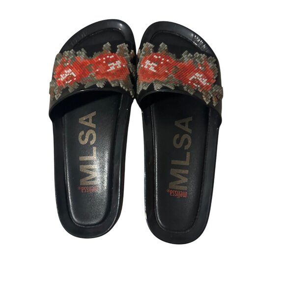 MELISSA Rose Faux Needlepoint Pool Slides Sandals Size US 9 / EUR 40 - Picture 2 of 7